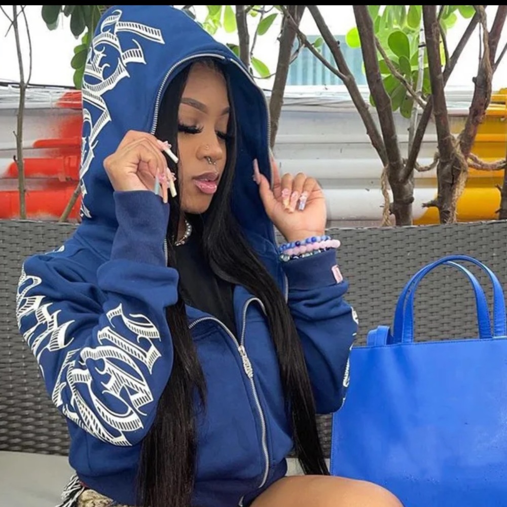 • Y2K Streetwear Blue Zip Up Hoodie Jacket